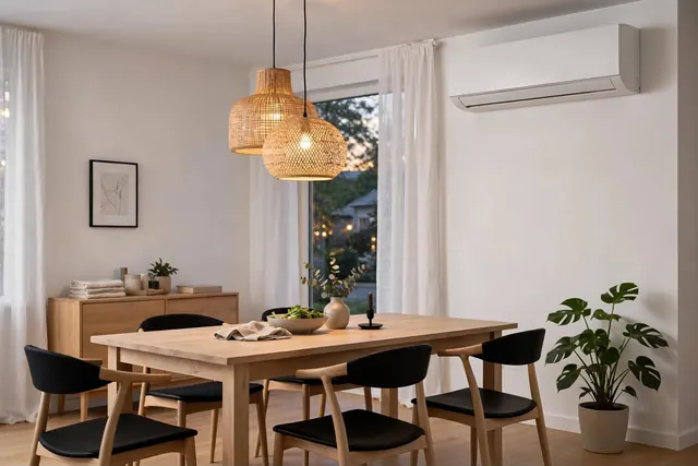 Comedor con equipo split junto al ventanal