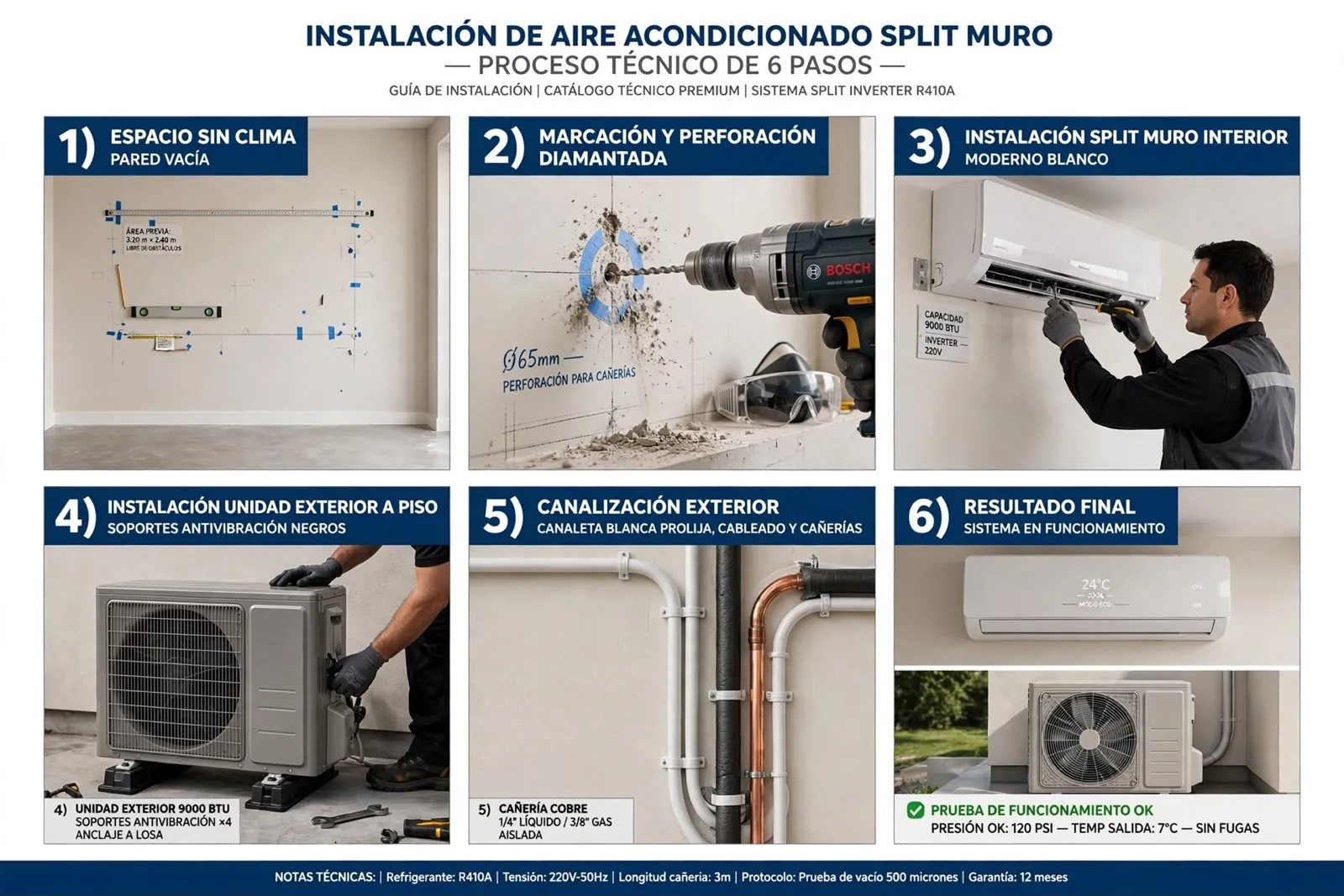 Proceso técnico de 6 pasos para instalar un split muro: espacio sin clima, marcación y perforación, instalación de la unidad interior, unidad exterior a piso con soportes antivibración, canalización exterior y prueba de funcionamiento